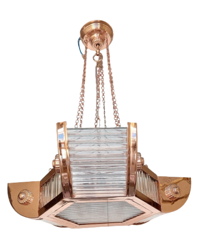 VINTAGE ART DECO COPPER HANGING SHIP GLASS ROD CEILING 6 LIGHT CHANDELIER LAMP  - Picture 1 of 5