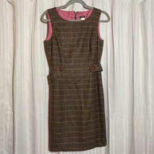 Quiet Luxury Wool Brown Plaid Sheath Dress J.Crew Womens 100% Pink Lining Size 4