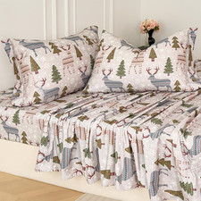 Grey King Sheets Set 100 Brushed Cotton Flannel-Like Green Tree Deer Printed Be