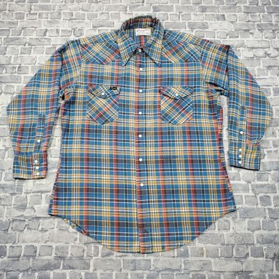 Vtg Wrangler Sanforized Mens Pearl Snap 16.5  33 Extra Long Tail Plaid Shirt 60s