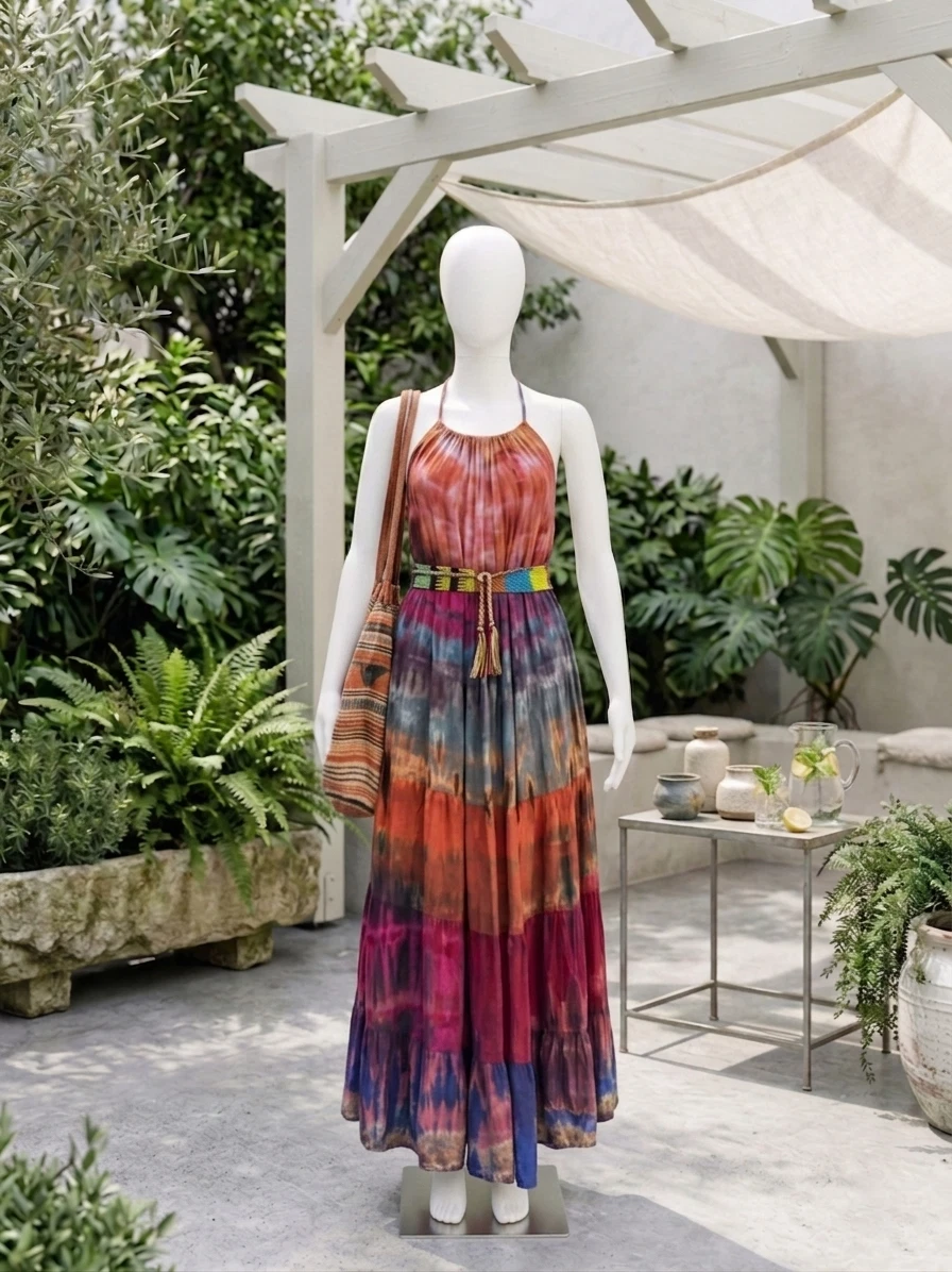 Bright Multicolor Tie Dye Halter Maxi Dress – Boho Backless Summer Dress
Opens in a new window or ta