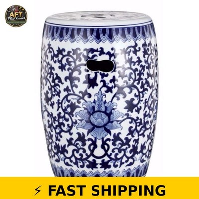 Benzara 11 Inch Blue Floral Ceramic Garden Stool