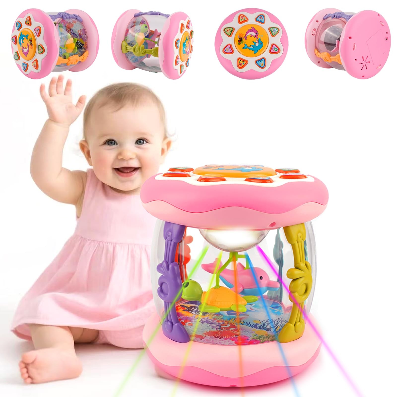 12-18 Months Girl Gifts, 8 Lights Pink Tummy Time Ocean Rota