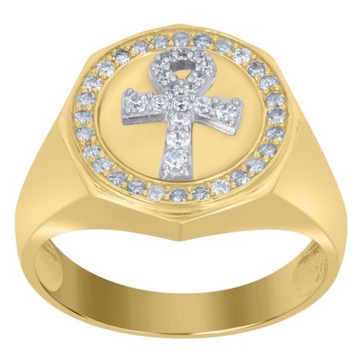 10kt Two-Tone Gold Mens Cubic-Zirconia Ankh Religious Signet Ring