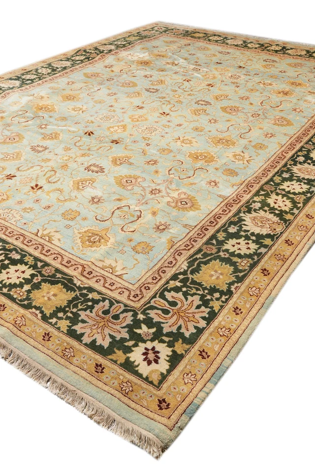 10 x 14 Quality Handmade Agra Rug Aqua Blue With Green Border #F-4271 - Image 4 of 4