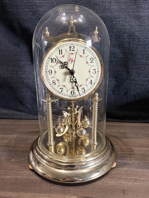 Vintage Elgin Anniversary Clock Glass Dome Porcelain Dial Flowers Japan 12.5 