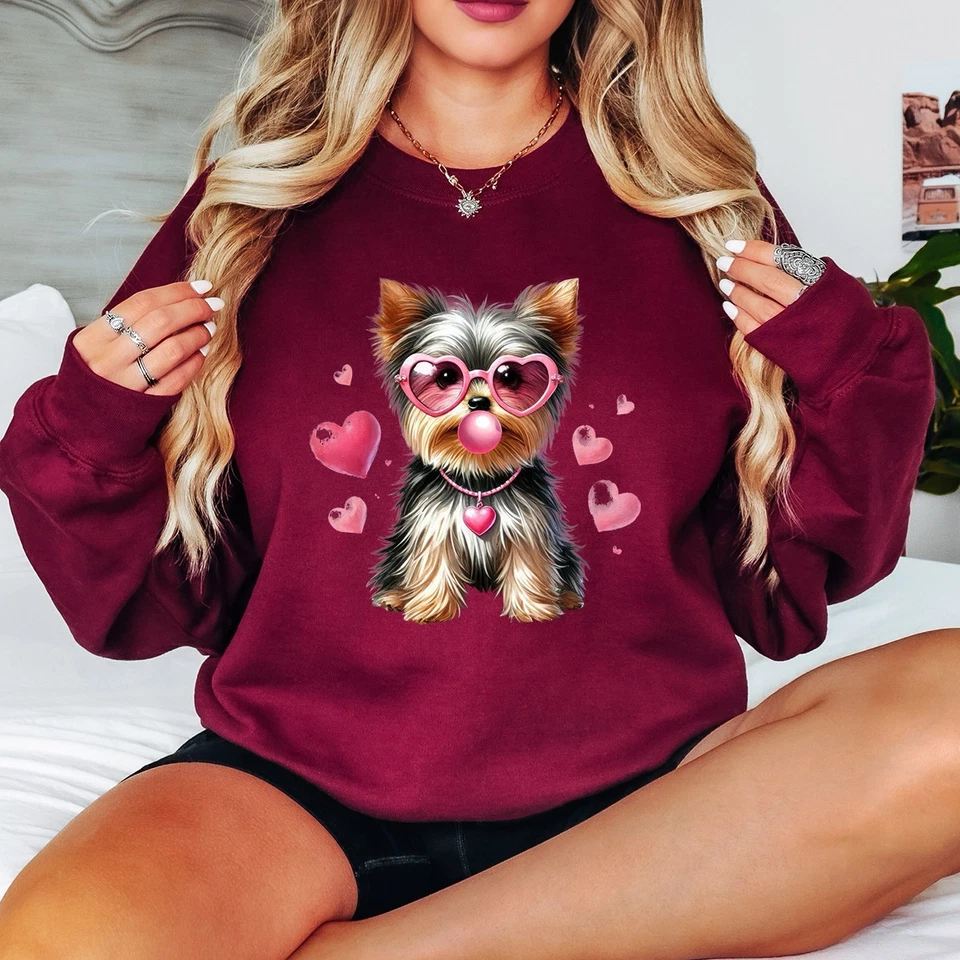 Sweat-shirt femme Yorkshire Terrier Dog Lover lunettes cœur pull en gomme à... - Photo 1/1