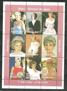BURKINA FASO 1090K MNH SHEET PRINCESS DIANA SCV 10.00
