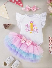 Girls Birthday Outfit Set 3 Piece White Bodysuit Pink Tulle Skirt Headband