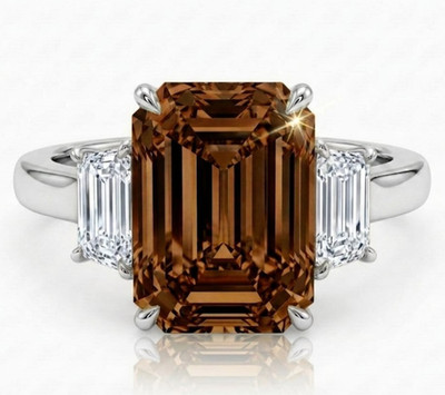 13.00 Ct Certified Emerald Shape Natural Brown & White Diamond Engagement Ring