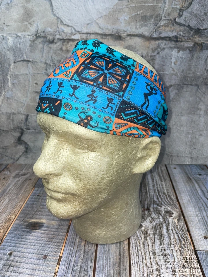 Guante de pelo elástico diadema pañuelo diadema estampado africano azul y negro motociclista Foto 2 de 4