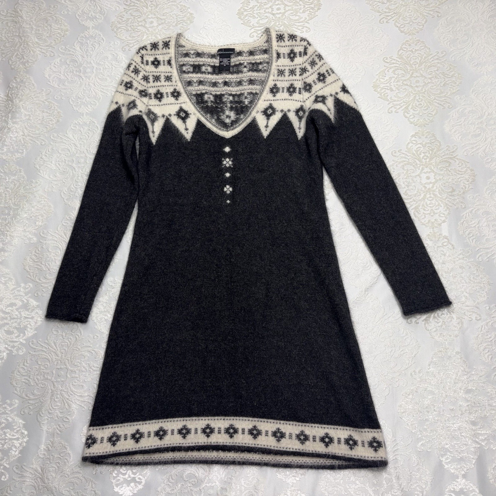 Vintage Moda International Fair Isle V-neck Sweater Dress Angora & Wool Size M