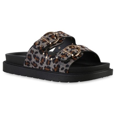 Damen Pantoletten Sandaletten Nieten Schnallen Profil-Sohle 841736 Schuhe 
