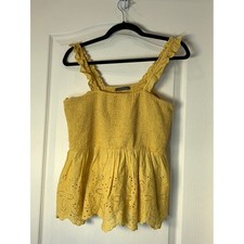 Boho Yellow Eyelet Peplum Top Size L Smocked Ruffle Straps Summer Cottagecore