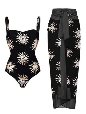 Womens Sunburst Swimsuit Mesh Sarong Set Luxury Resort Vacation Beachwear
