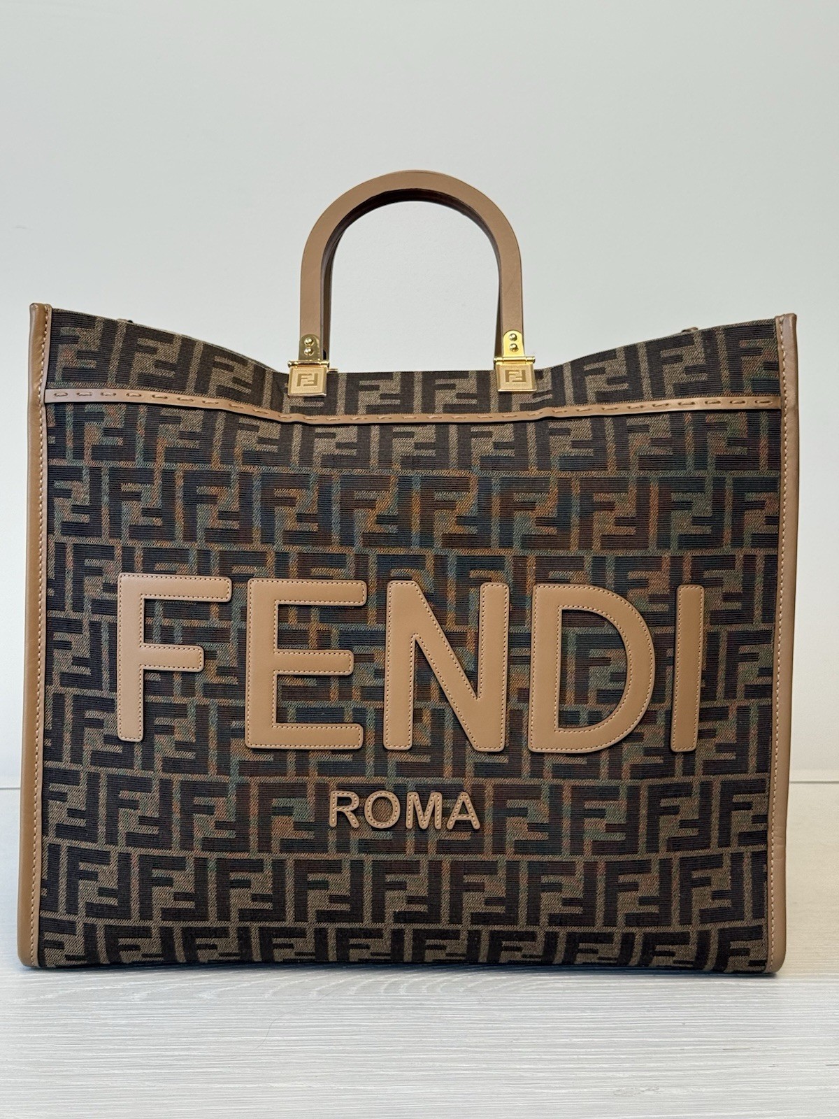 FENDI Sunshine Medium Tote Bag Monogram Brown Canvas Handbag