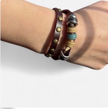 Mas  Gift Handcrafted Genuine Leather Wrap Bracelet Unisex Boho Brown adjustable