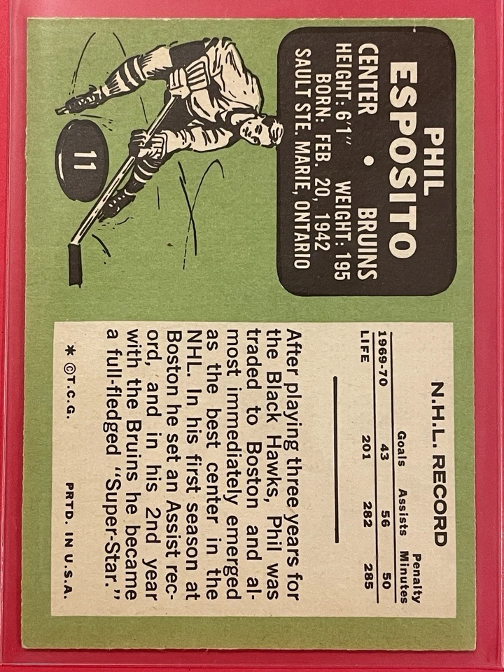 1970-71 Topps Phil Esposito #11 Vintage Hockey Boston Bruins HOF EX-MT - Image 2 of 2