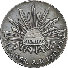 Mexico 8 Reales O 1868 A.E. Oaxaca, nice details. KM# 377.11