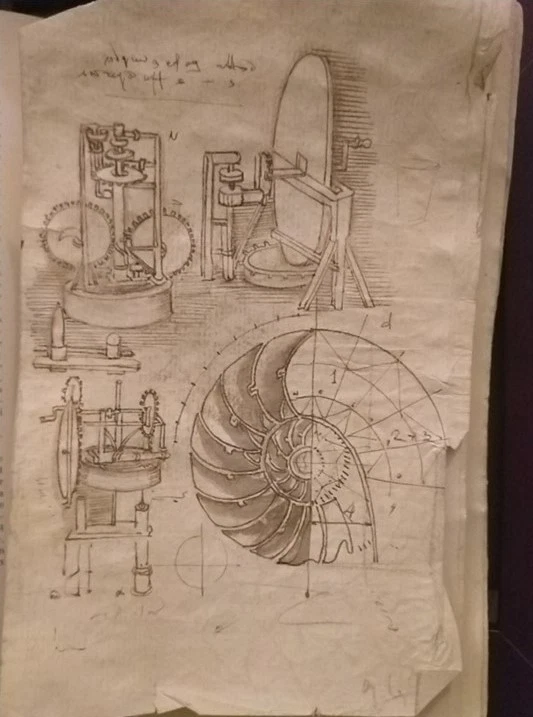 Estudios de dibujo a mano de dispositivo y mecanismo hidráulico Códice Leonardo da Vinci Foto 3 de 4