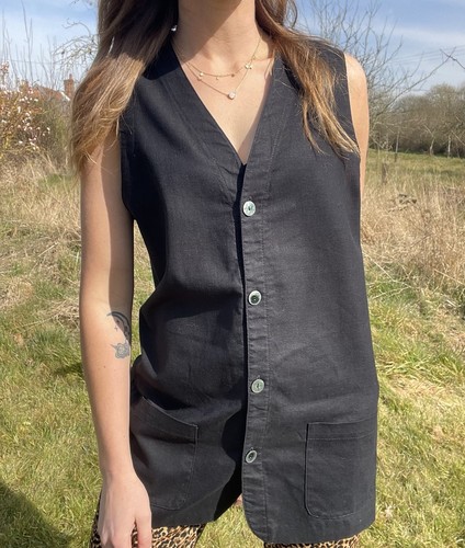 Vintage Size S 8-12 Black Linen Blend Button Front Boxy Waistcoat Orvis - Picture 1 of 8