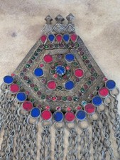 Vintage Afghan Kuchi Tribal Pendant BIG Unique Jewelry Blue Center 19101 