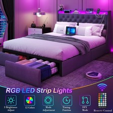 Queen Full Size Bed Frame with 2 Storage Drawers, Charging Station and LED Light