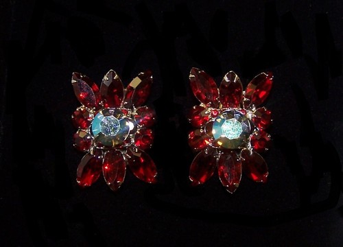 JULIANA D&E Siam Red Marquise & Aurora Borealis Wide Bracelet & Clip Earrings - Picture 11 of 14