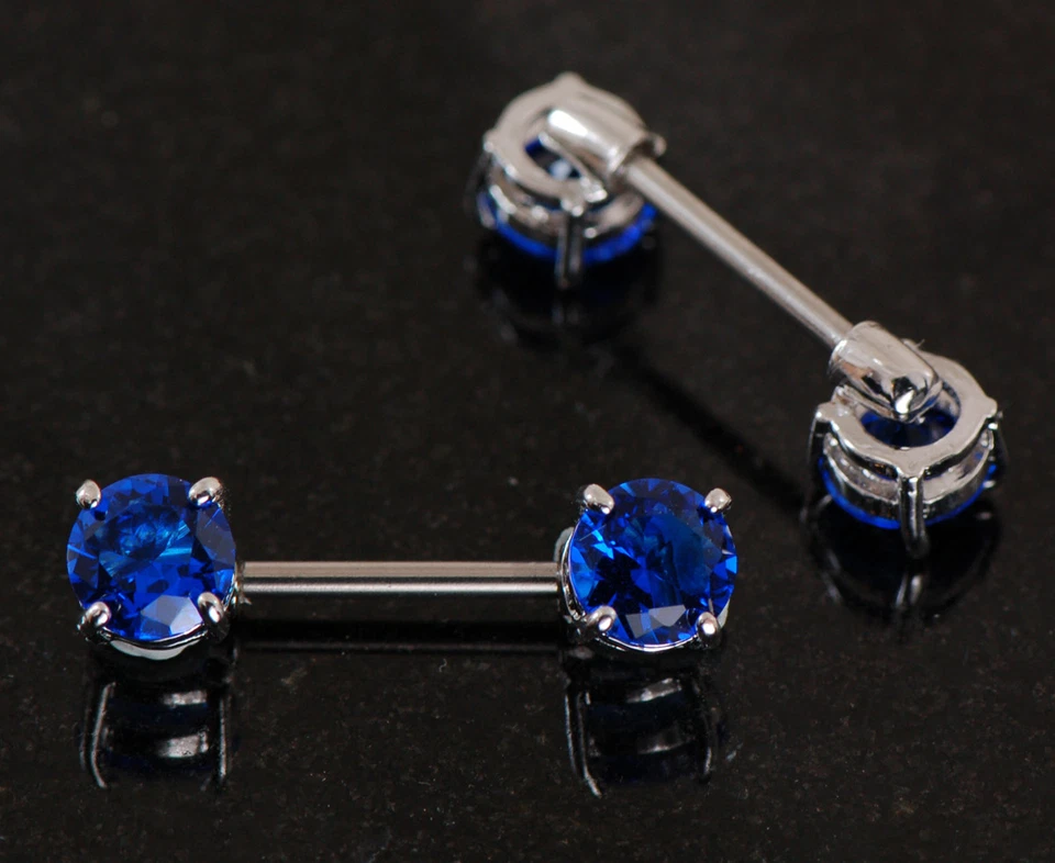 Par de anéis piercing frontais redondos azuis CZ com barra e mamilo - Imagem 2 de 2