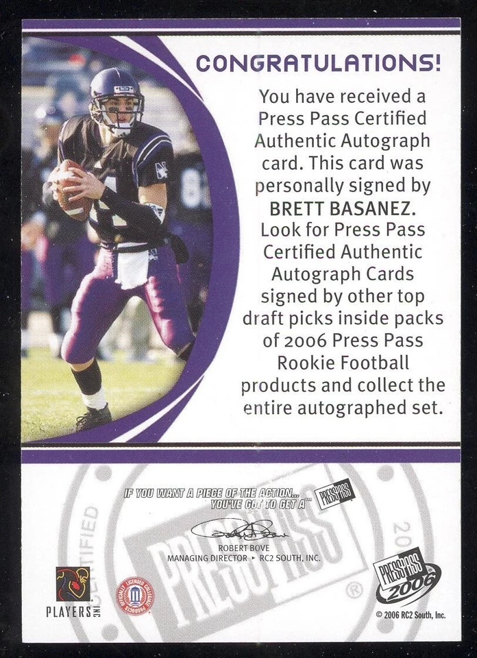 BRETT BASANEZ 2006 PRESS PASS AUTHENTIC AUTOGRAPH ROOKIE NORTHWESTERN WILDCATS - Image 2 of 2