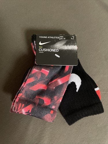 Nike 2 Pair CUSHIONED Crew Socks - 10C-3Y (5-7 Year Old) Red Black - Unisex NWT - Picture 2 of 4