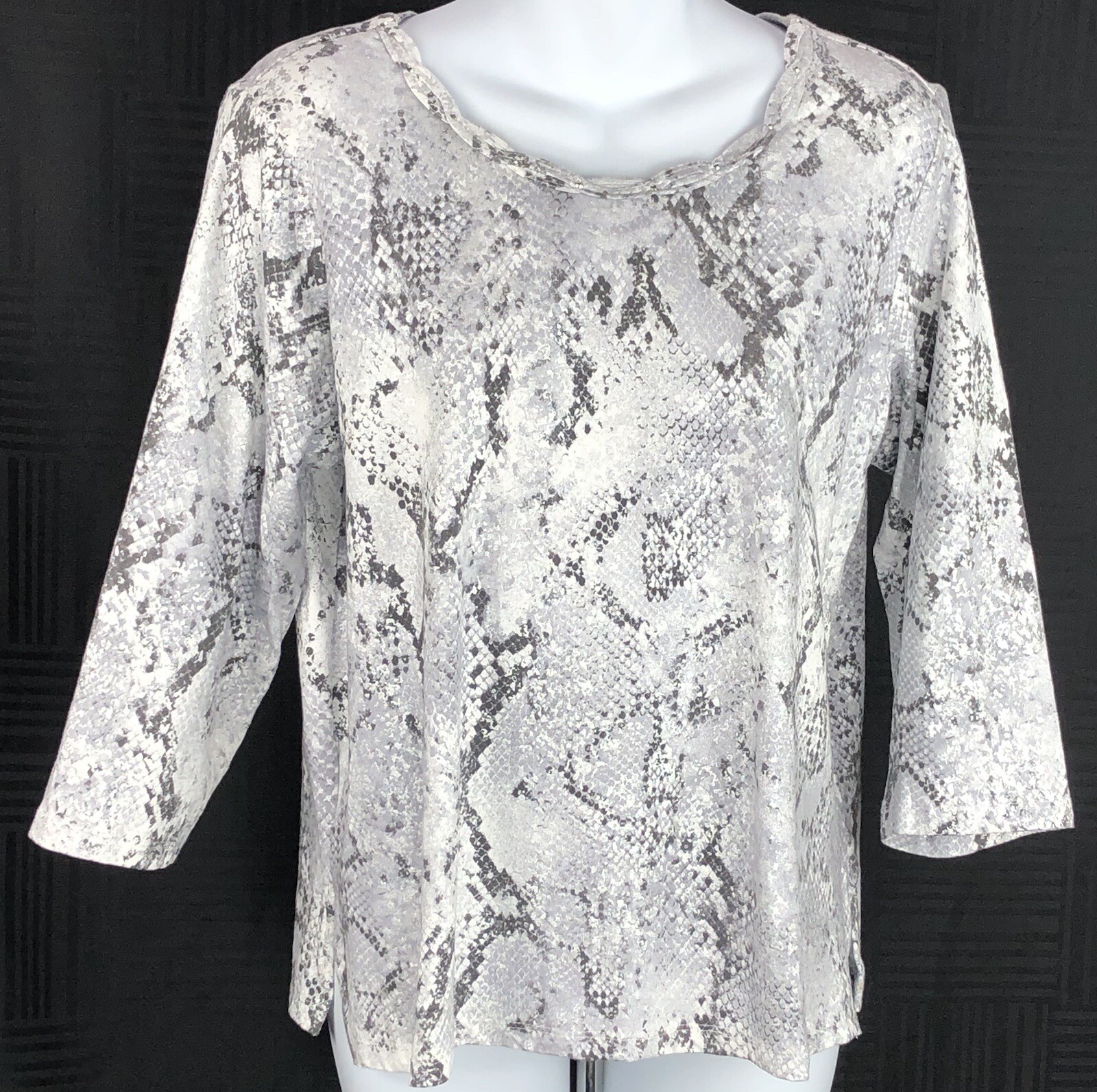 Alfred Dunner Gray Snake Metallic 3/4 Sleeve Jersey Top with Stud Neck Detail
