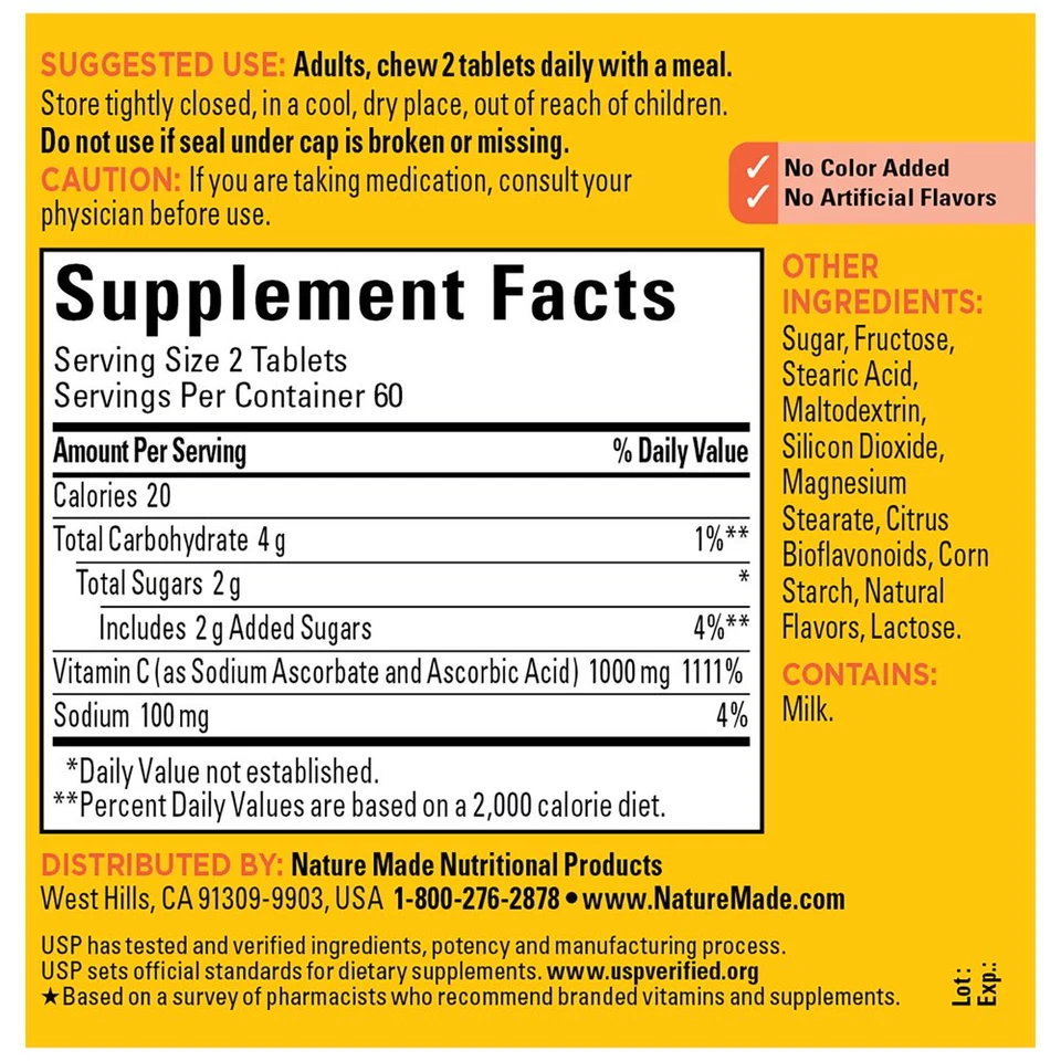 Vitamina C masticable dosis extra fuerte 1000 mg por porción comprimidos, 120 unidades Foto 4 de 4