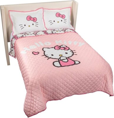 Hello Kitty Pink Stripes Hearts Full/Queen Size Quilt &Sham Set Soft Lightweight