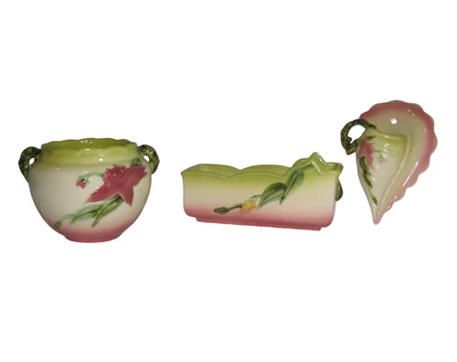 Vtg Hull USA Pottery Woodland Chartreuse Pink 3-pc Lot Mid-Century Basket+Vases