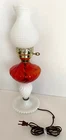 VTG Swirl Cranberry Opalescent Glass Parlor Lamp with Milk Glass Base & Shade