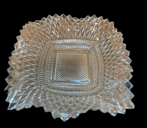Federal Glass, Diamond Point, Ruffled Depression Era Glass Candy Dish, 7" square