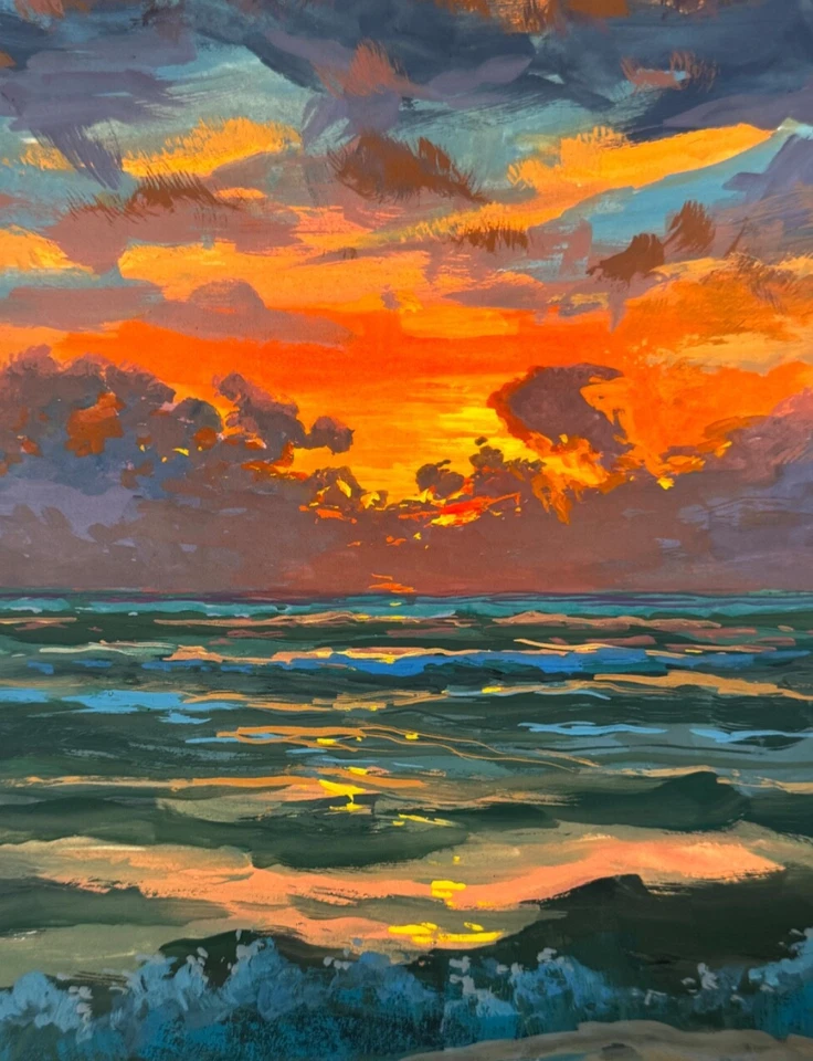 Pintura de paisaje original firmada puesta de sol arte moderno coleccionable arte de pared decoración Foto 2 de 3