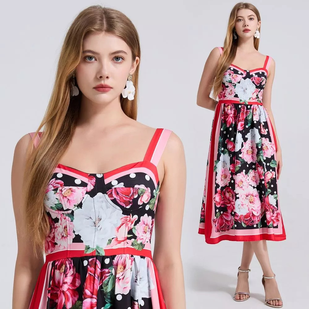 Vestido Largo Con Tirante Rojo Floral Elegante Con Falda Ancho CF42194