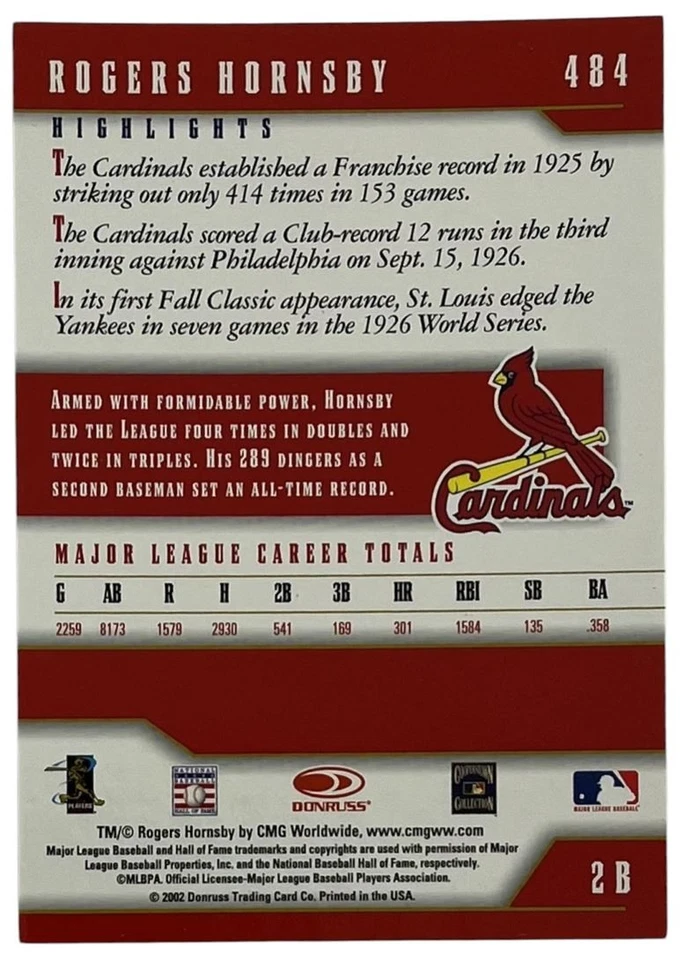 2003 Donruss Team Heroes Stat Line No484 Rogers Hornsby St. Louis Cardinals /42 - Изображение 2 из 2
