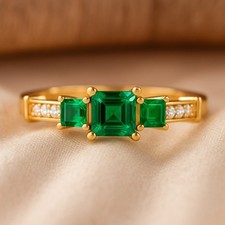 Laborgezüchteter Smaragd & Diamantring 14k Massivgold – Mai Geburtsstein # 1068