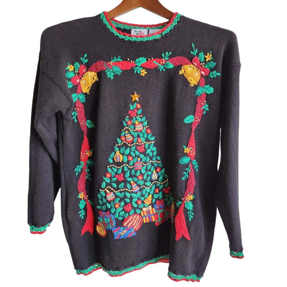 Suéter De Colección Cascanueces Feo Navidad Árbol Negro Ramie Algodón Cuentas Tejido Talla M Foto 2 de 4