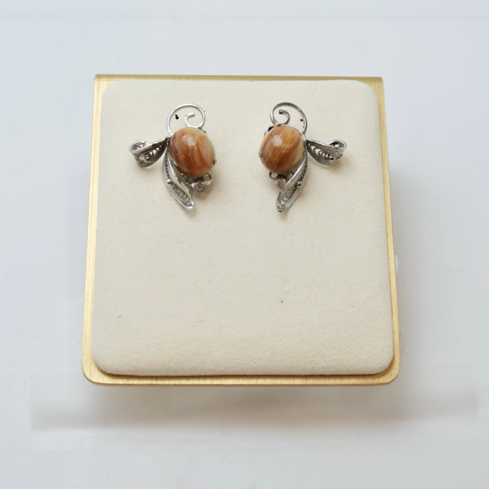 Sterling Silver Filigree Orange Shell Cabochon Vintage Earring Jewelry E34