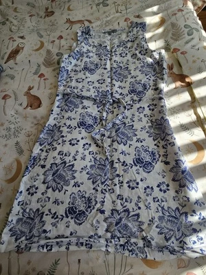 Linen / Cotton Mix Blue / White Print Shift Dress Belt 19 In Pit To Pit - Image 1 of 4