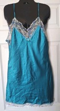 Vintage Undercover Wear Satin Slip Dress Chemise Large Teal Floral Lace Trim
