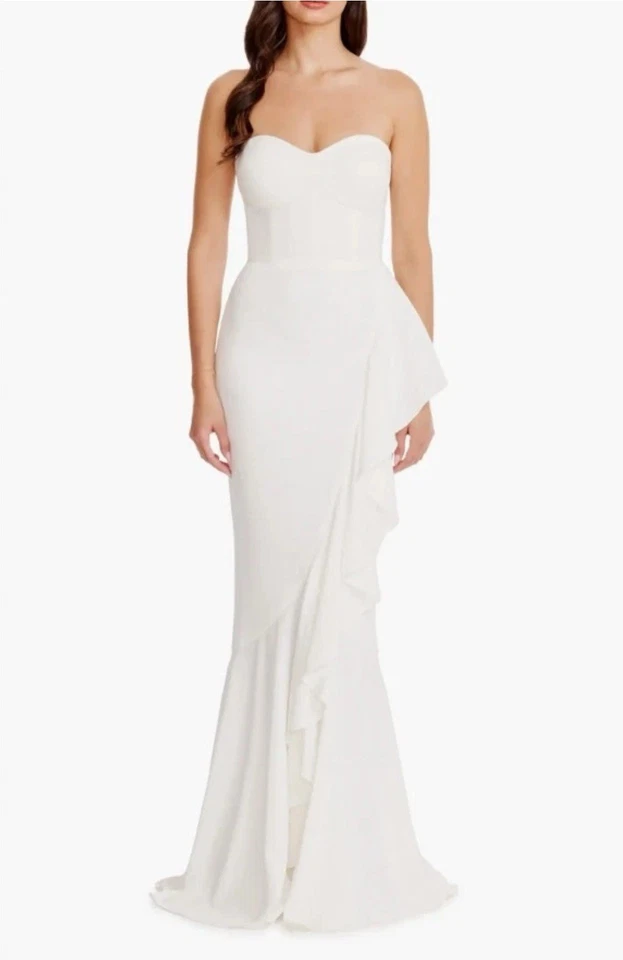 Vestido de sirena sin tirantes con volantes Dress the Population Paris en blanco talla M Foto 3 de 4