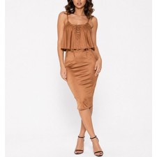 House Of CB Margi Suedette Lace Up Midi Bodycon Dress Brown Size XS