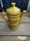 Vintage Mustard Yellow Japanese Ceramic Teapot Embossed Bands w/ Lid — photo 2