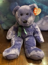 Ty Employee Bear Beanie Buddy Purple Bear Green Ribbon Tags