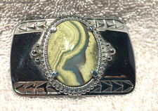 Grey White Wavy Stone in Shiny Silver Engraved Frame Belt Buckle Vintage Great
